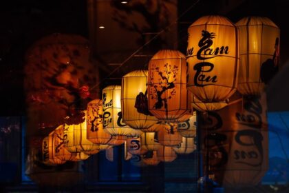 chinese lanterns, restaurant, lamps, decoration, lighting, night, lanterns, decor, light, traditi...