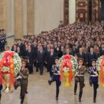 North Korean leader Kim Jong-un and other senior officials from the ...